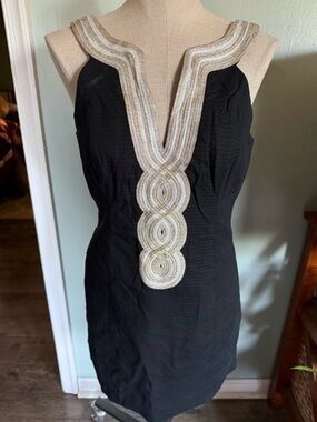 NWT Lilly Pulitzer Gold Silver Neckline Black Onyx Valli Shift Dress Size 6